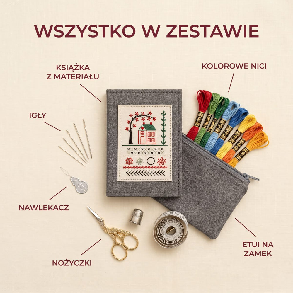 Wszystko w zestawie: książka, nici, igły, nawlekacz, nożyczki, etui