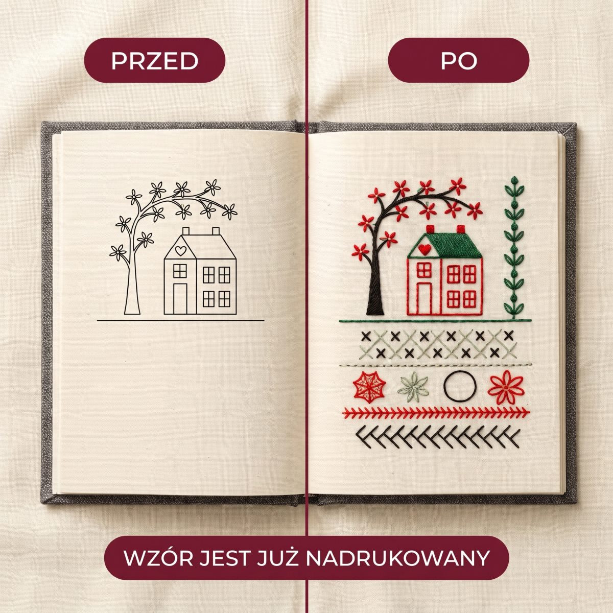 Strona przed i po wyhaftowaniu, wzór jest już nadrukowany